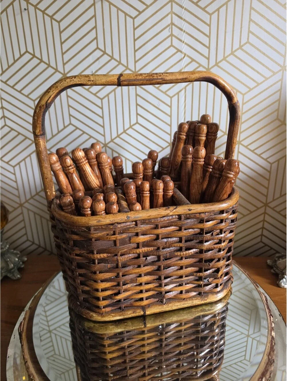 Vintage Lifetime Cutlery Old Homestead Wood Handle Flatware w Wicker Caddy 59pc